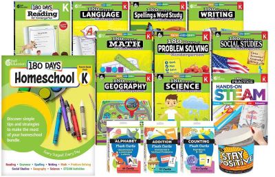 180 Days® Homeschool Kindergarten Set: (Ten 180 Days® Activity Books, Three Flash Card Decks, and One In a Jar Activity Cards, and a Parent Guide)