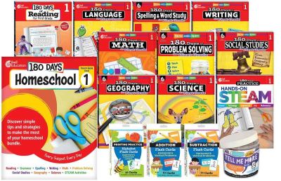 180 Days¬ Homeschool Grade 1 Set: (Ten 180 Days¬ Activity Books, Three Flash Card Decks, and One In a Jar Activity Cards, and a Parent Guide)