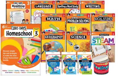 180 Days® Homeschool Grade 3 Set: (Ten 180 Days® Activity Books, Three Flash Card Decks, and One In a Jar Activity Cards, and a Parent Guide)