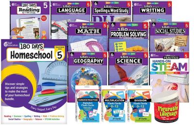 180 Days® Homeschool Grade 5 Set: (Ten 180 Days® Activity Books, Three Flash Card Decks, and One In a Jar Activity Cards, and a Parent Guide)