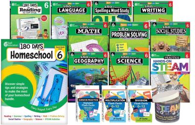 180 Days¬ Homeschool Grade 6 Set: (Ten 180 Days¬ Activity Books, Three Flash Card Decks, and One In a Jar Activity Cards, and a Parent Guide)